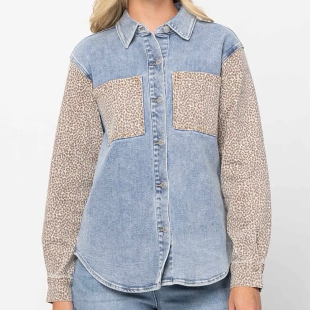 NWT Judy Blue Play Day Shacket Women’s Size Large Denim Leopard Stretch Casual